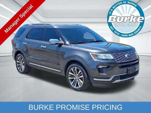 2019 Ford Explorer Platinum in Gray — front three-quarter view